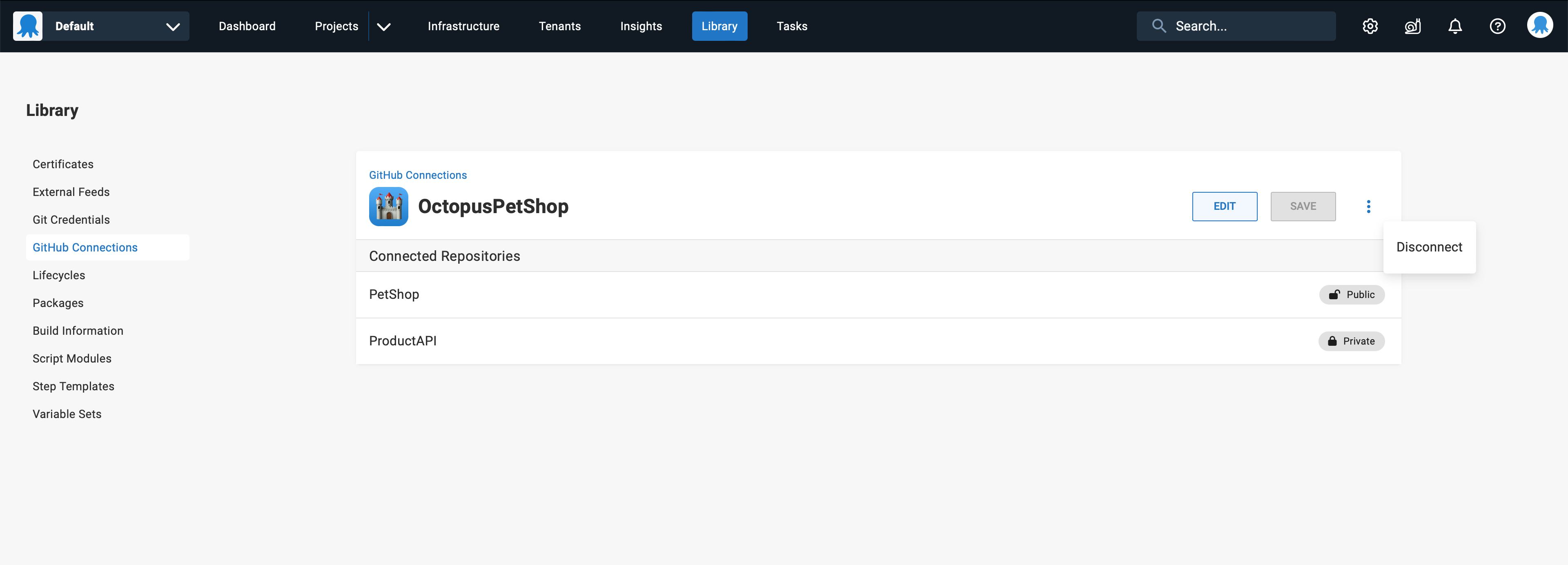 Screenshot of Octopus Deploy GitHub Connections screen showing OctopusPetShop connection with overflow menu expanded showing disconnect button