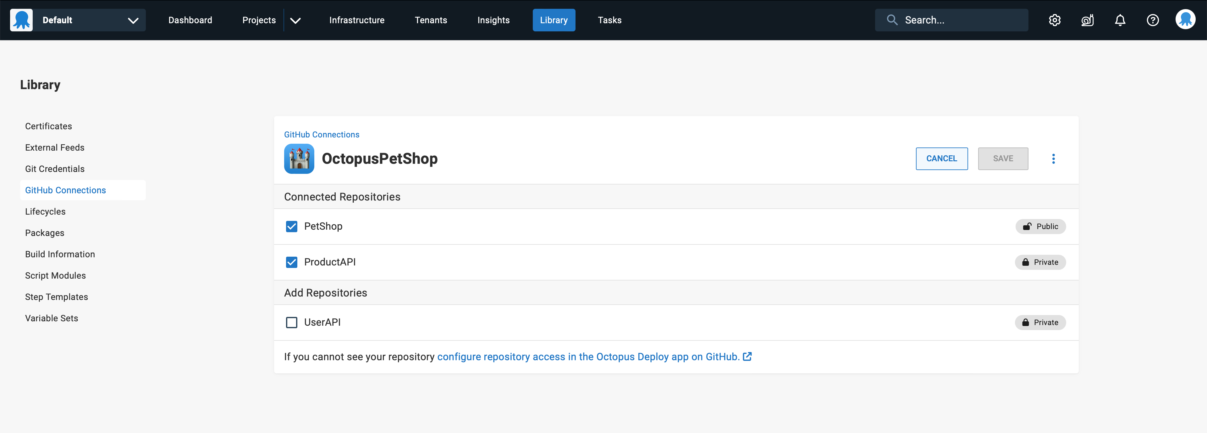 Screenshot of Octopus Deploy GitHub Connections screen for OctopusPetShow in edit mode showing PetShop and ProductAPI repositories selected and UserAPI deselected. Configure repository access in the Octopus Deploy app on GitHub link is shown at the bottom of the page