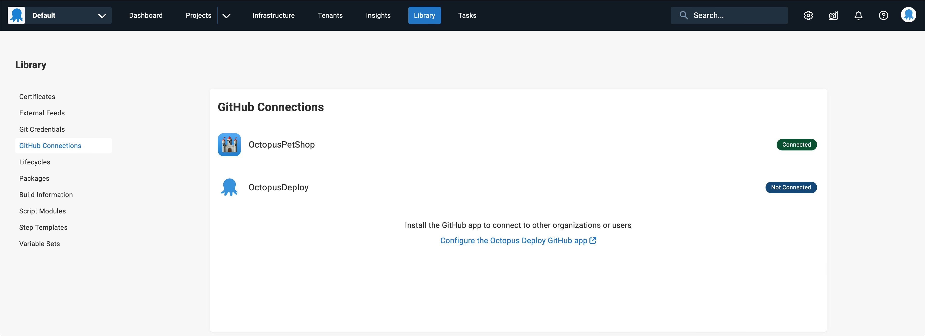 Screenshot of Octopus Deploy GitHub Connections screen showing OctopusPetShop organization connected and OctopusDeploy organization not connected