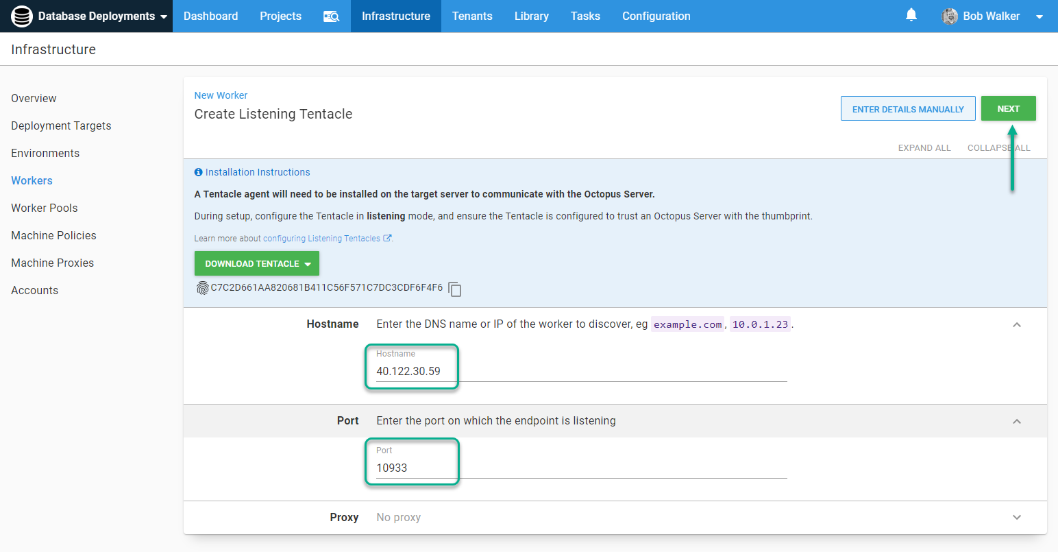 The screen to create a Listening Tentacle