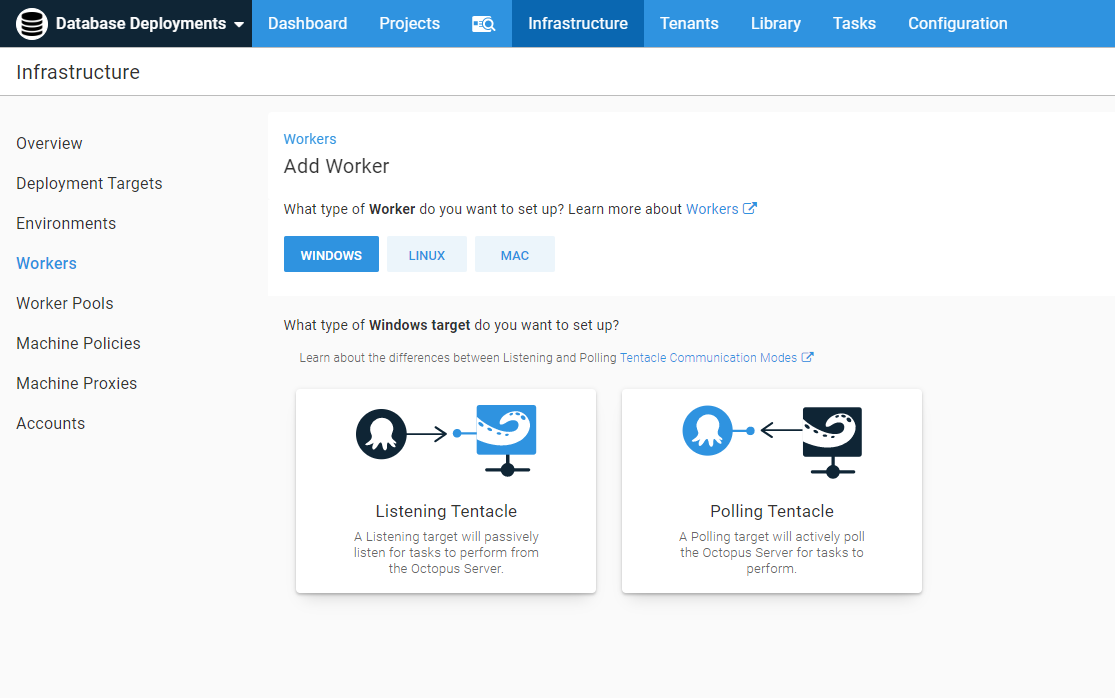 Tentacle communication mode selection in the Octopus Web Portal