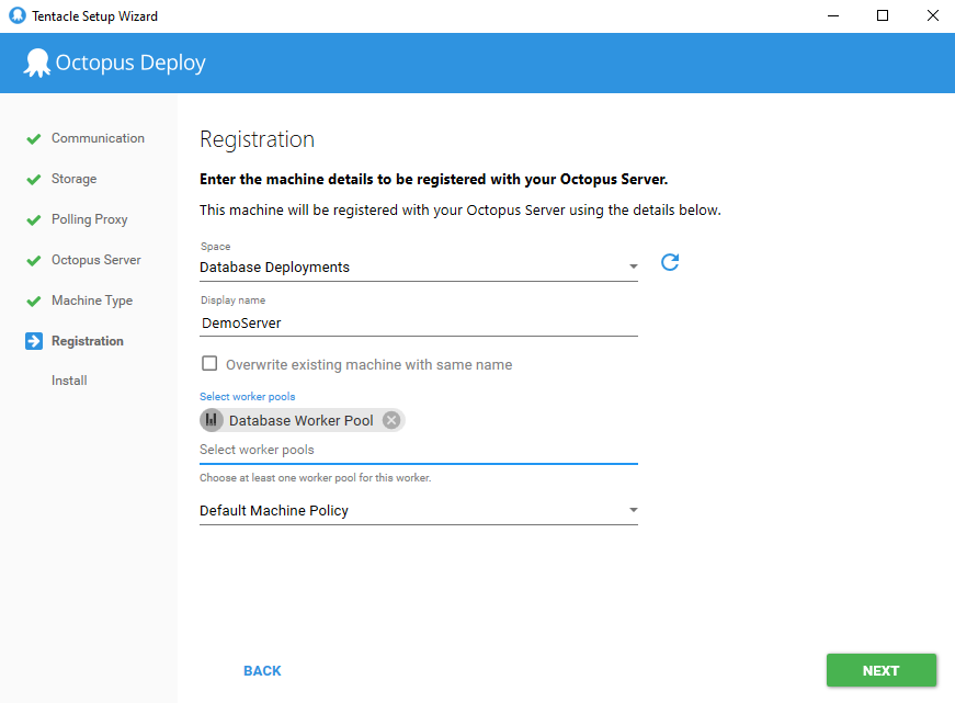 The screen to register a Polling Tentacle