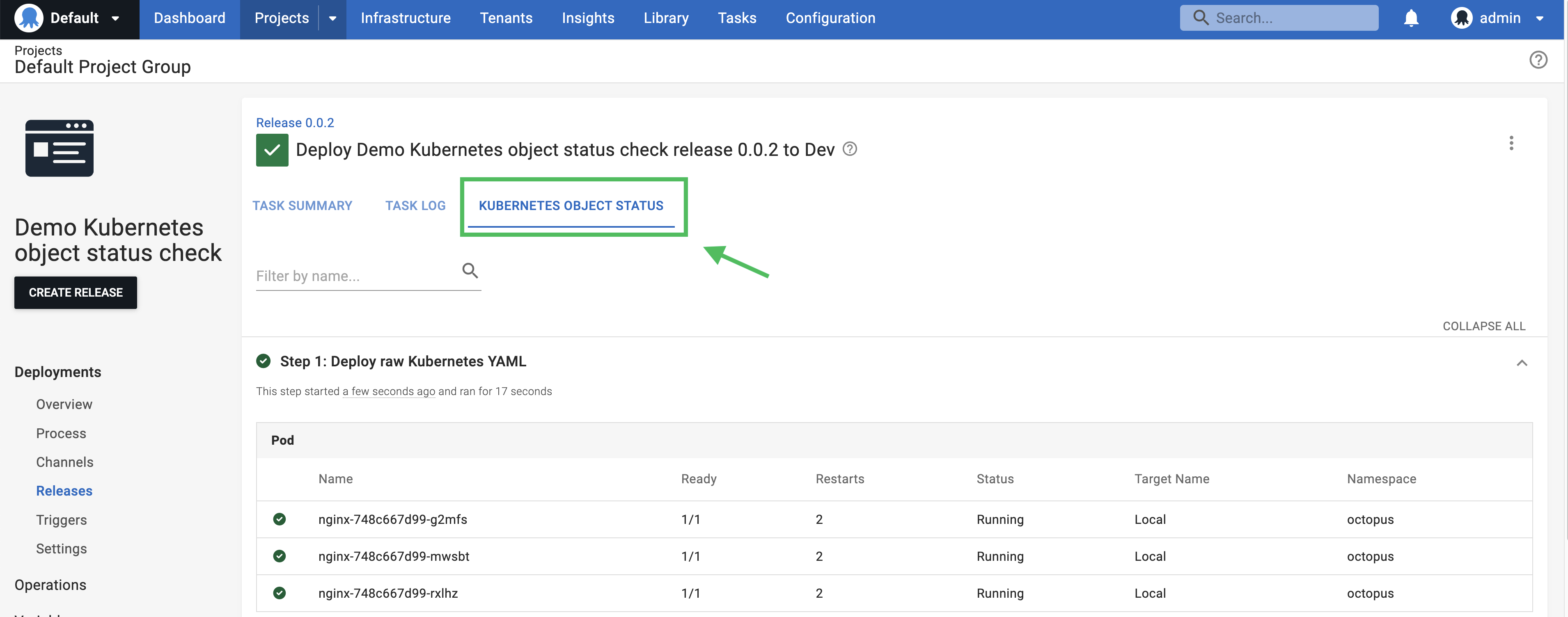 A screenshot of the Kubernetes Object Status tab