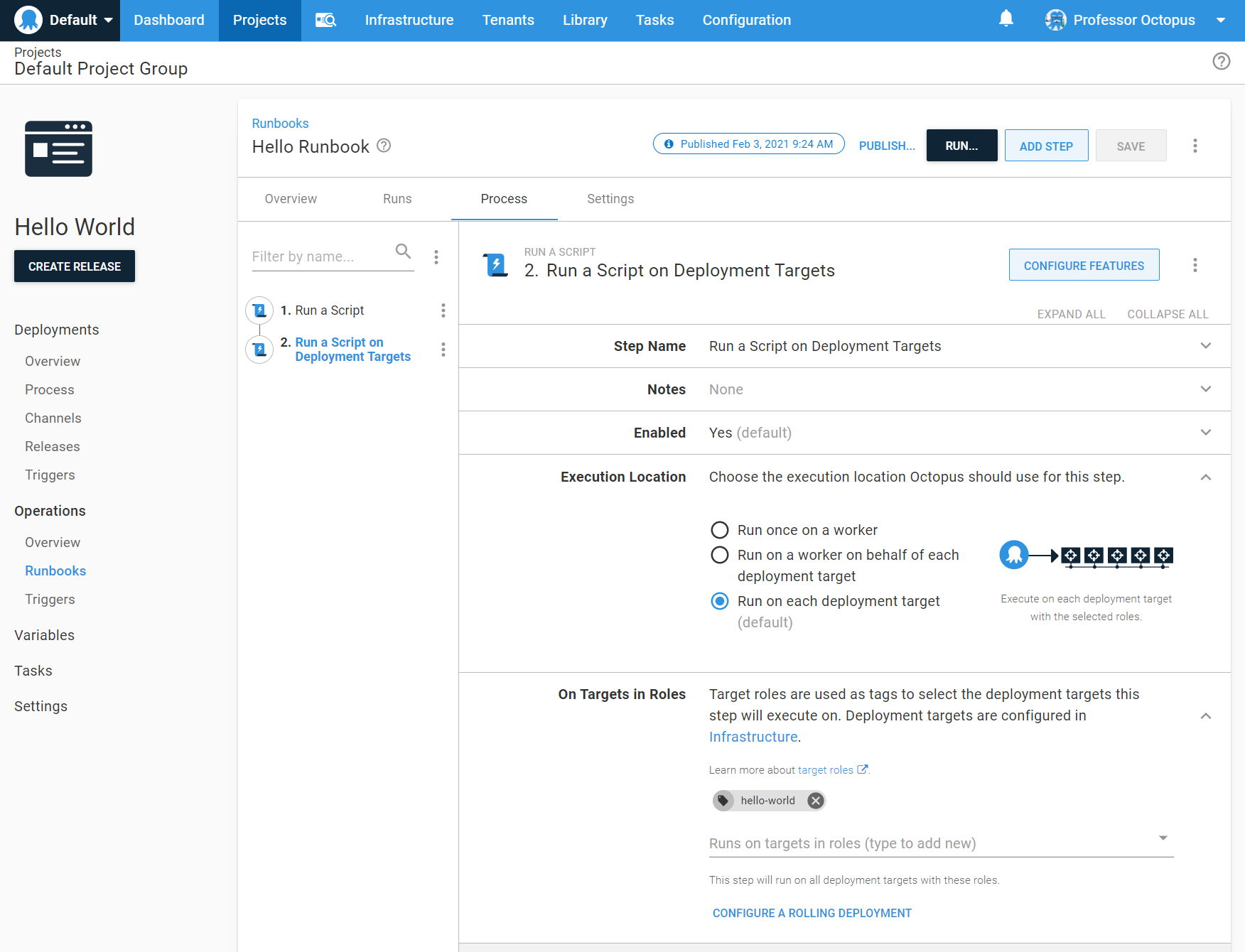 Changing the script step to run on a deployment target