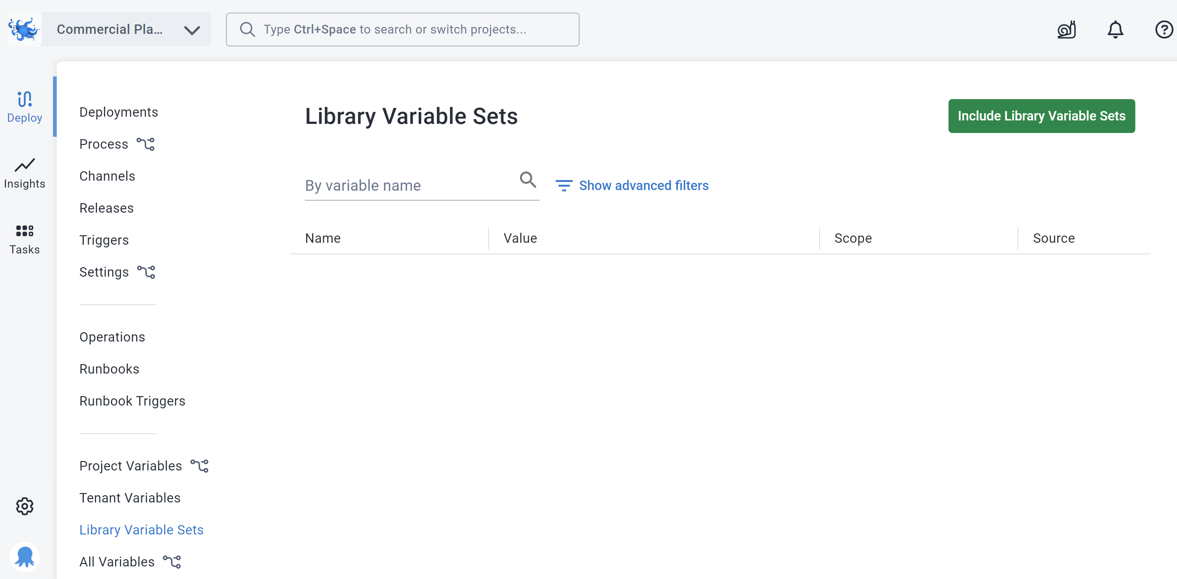 Octopus Deploy Library variable sets screen