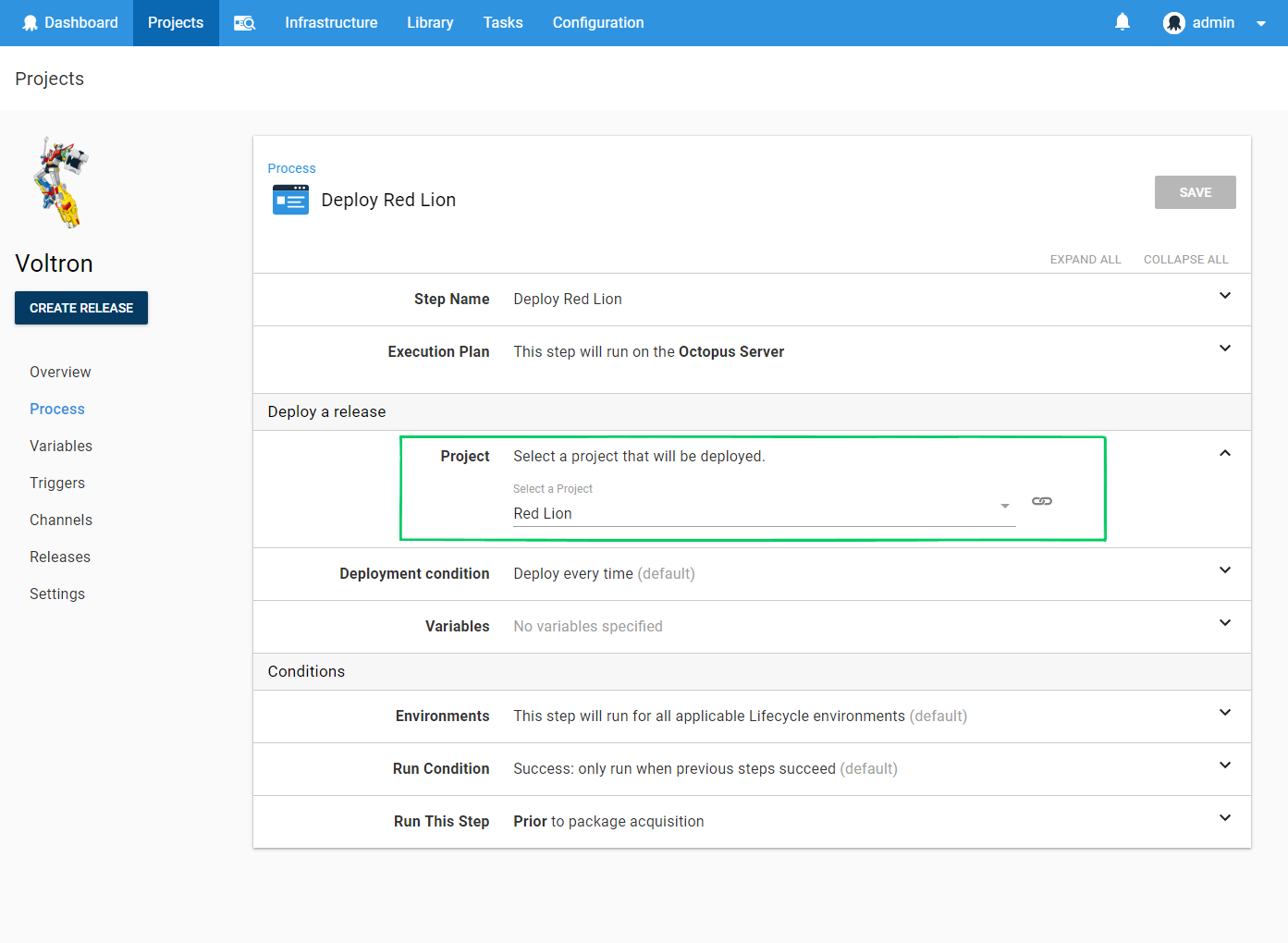Deploy release select project