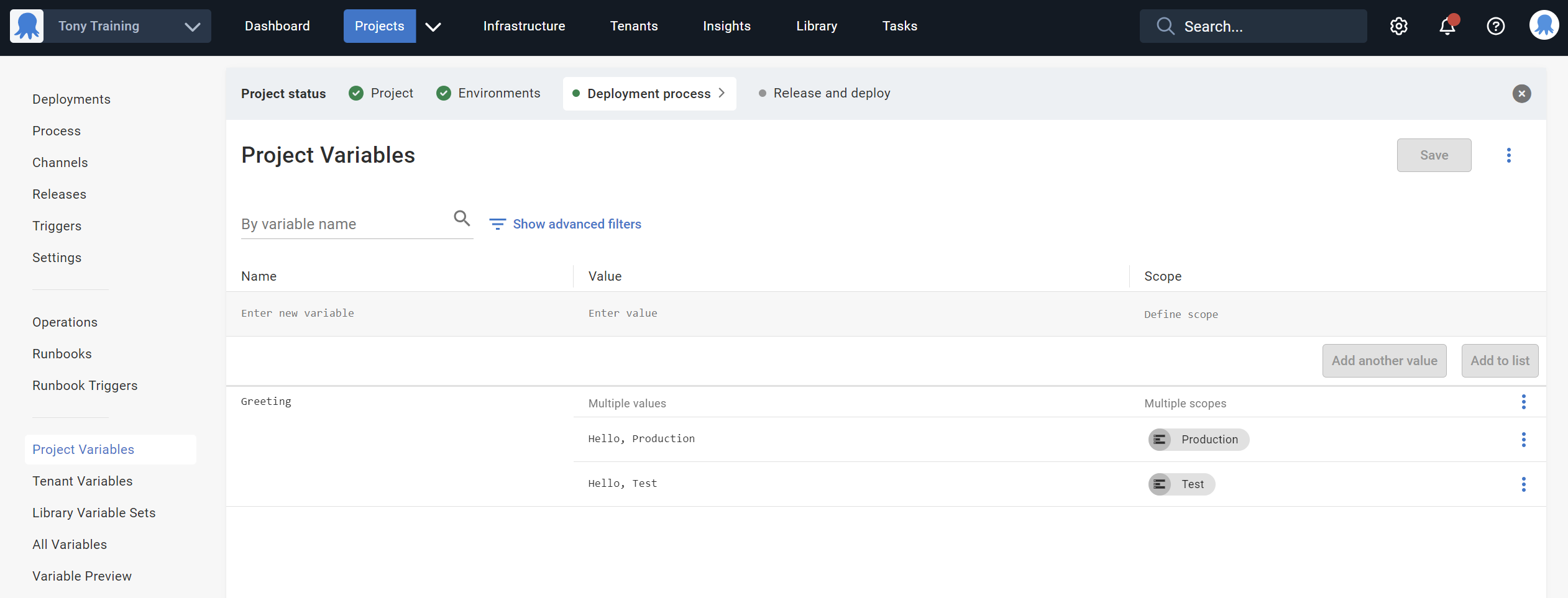 Adding a project variable in Octopus Deploy