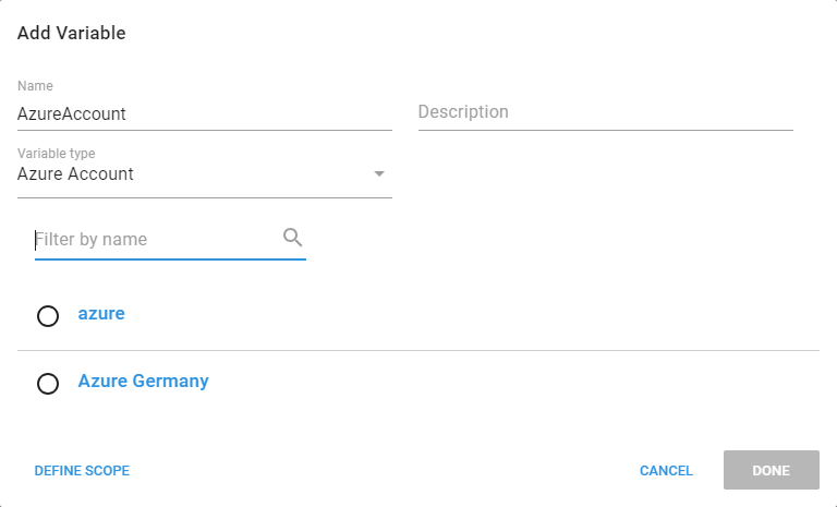 Azure account variable selection
