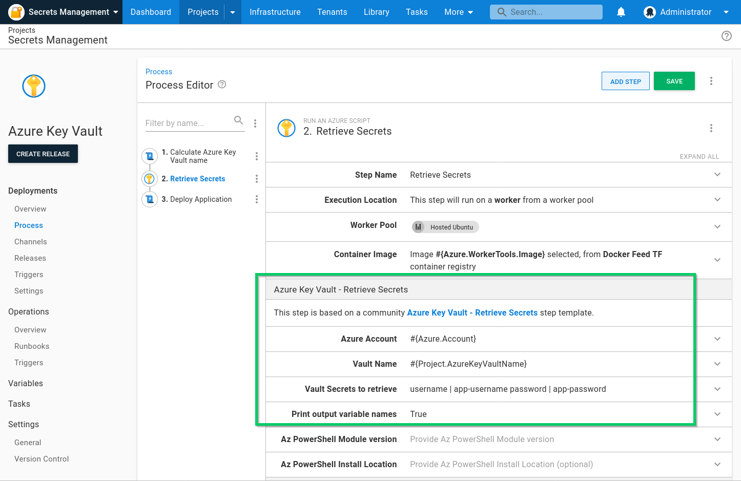 Azure Key Vault Retrieve Secrets step template