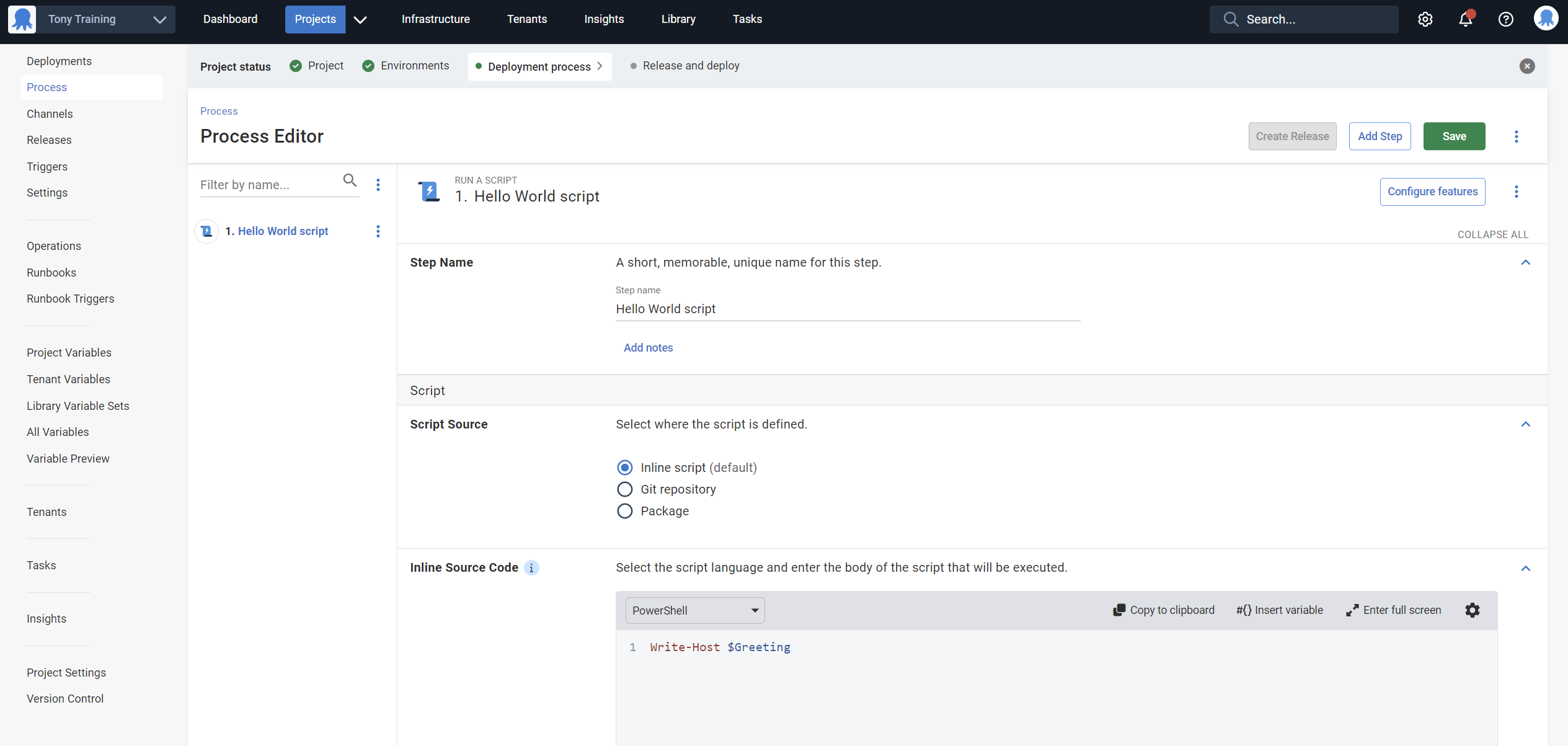 Using a variable in a Hello World script in Octopus Deploy