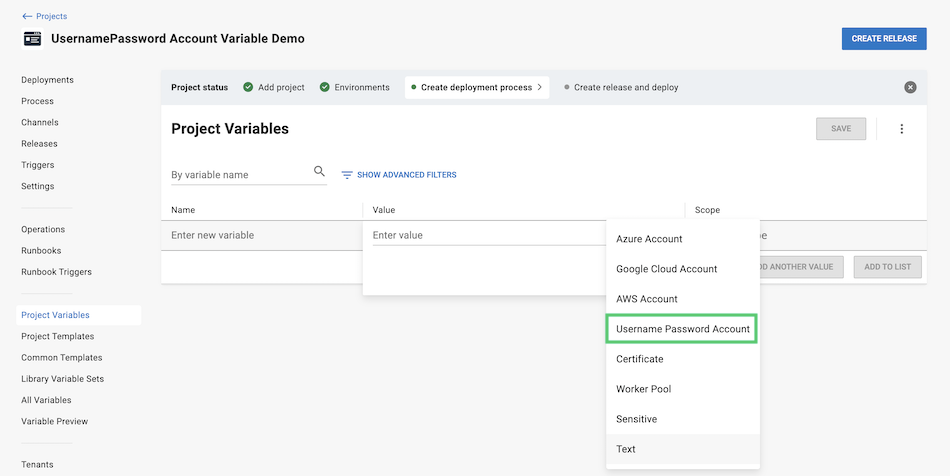 Username Password account variable
