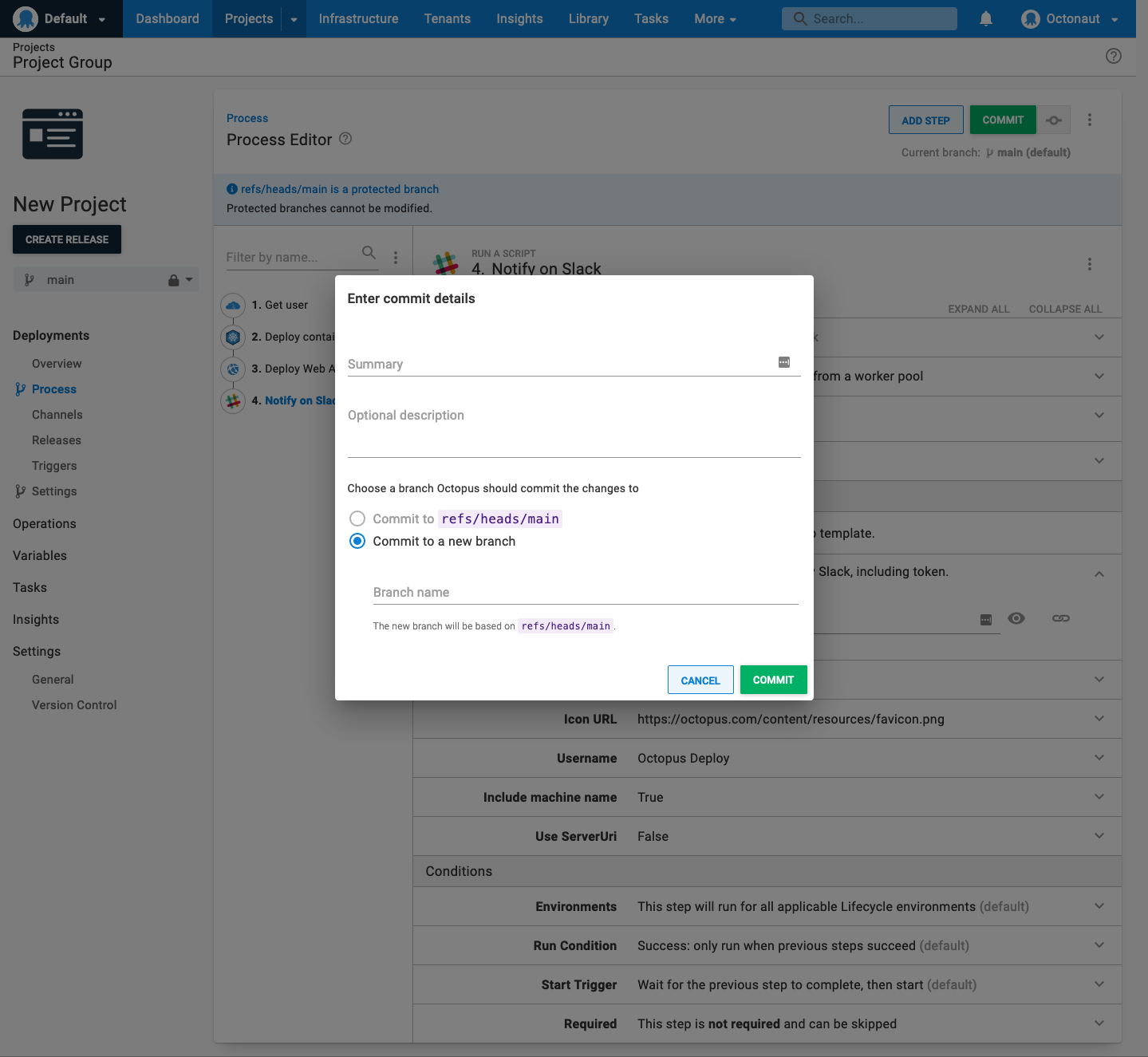 committing a change on a protected branch