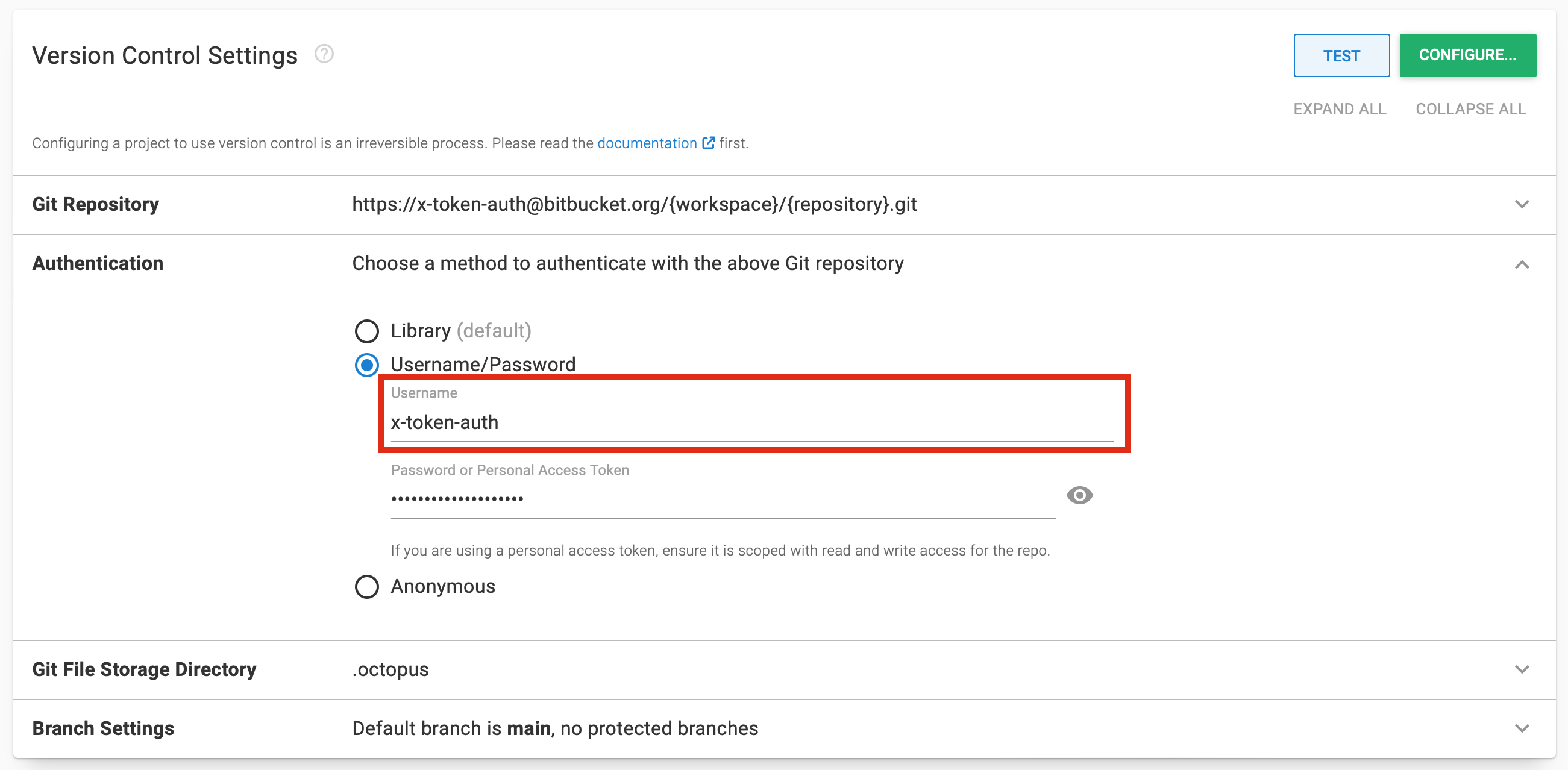 Screenshot of Octopus Version Control Settings page with Authentication section expanded. Username/password auth method is selected, the Username input field is highlighted with a bold red box, and contains the value x-token-auth