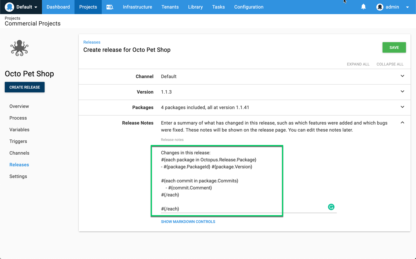 Build information variables in release notes