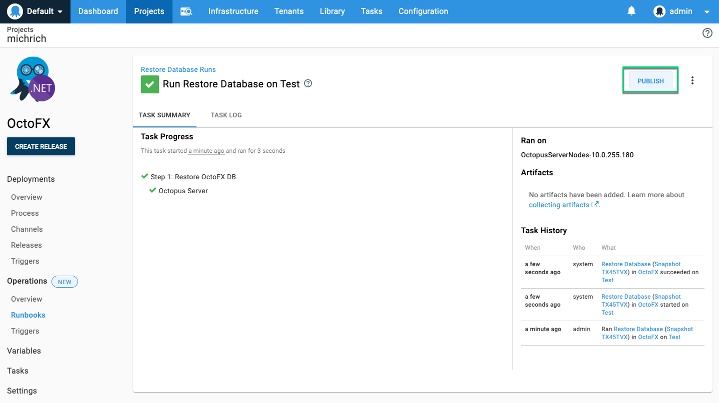 Publish runbook from task page