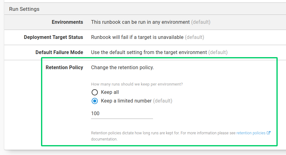 Runbook retention policies
