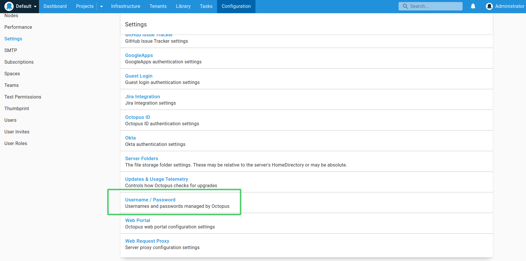 Username and Password settings
