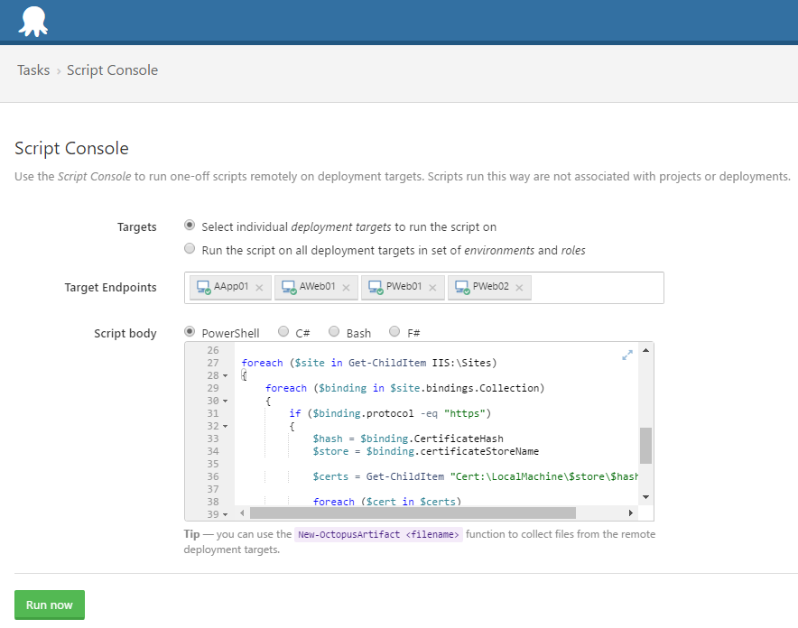 Running the IIS SHA1 binding detection in the Octopus script console