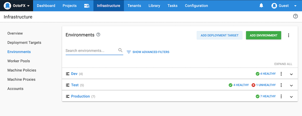 Typical environments in the Octopus Web Portal