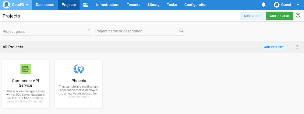 The projects page in the Octopus Web Portal